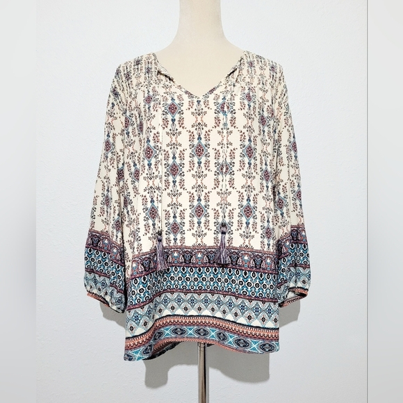 artesia Tops - Artesia Floral Boho Blouse Tunic V-neck 3/4 Sleeve With Tassels Woman's Size XL